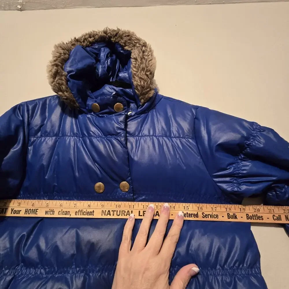 Hanna Andersson Down Long‎ Hooded Coat Girls Sz 140 9-10 Blue Fauz Fur Edge Warm